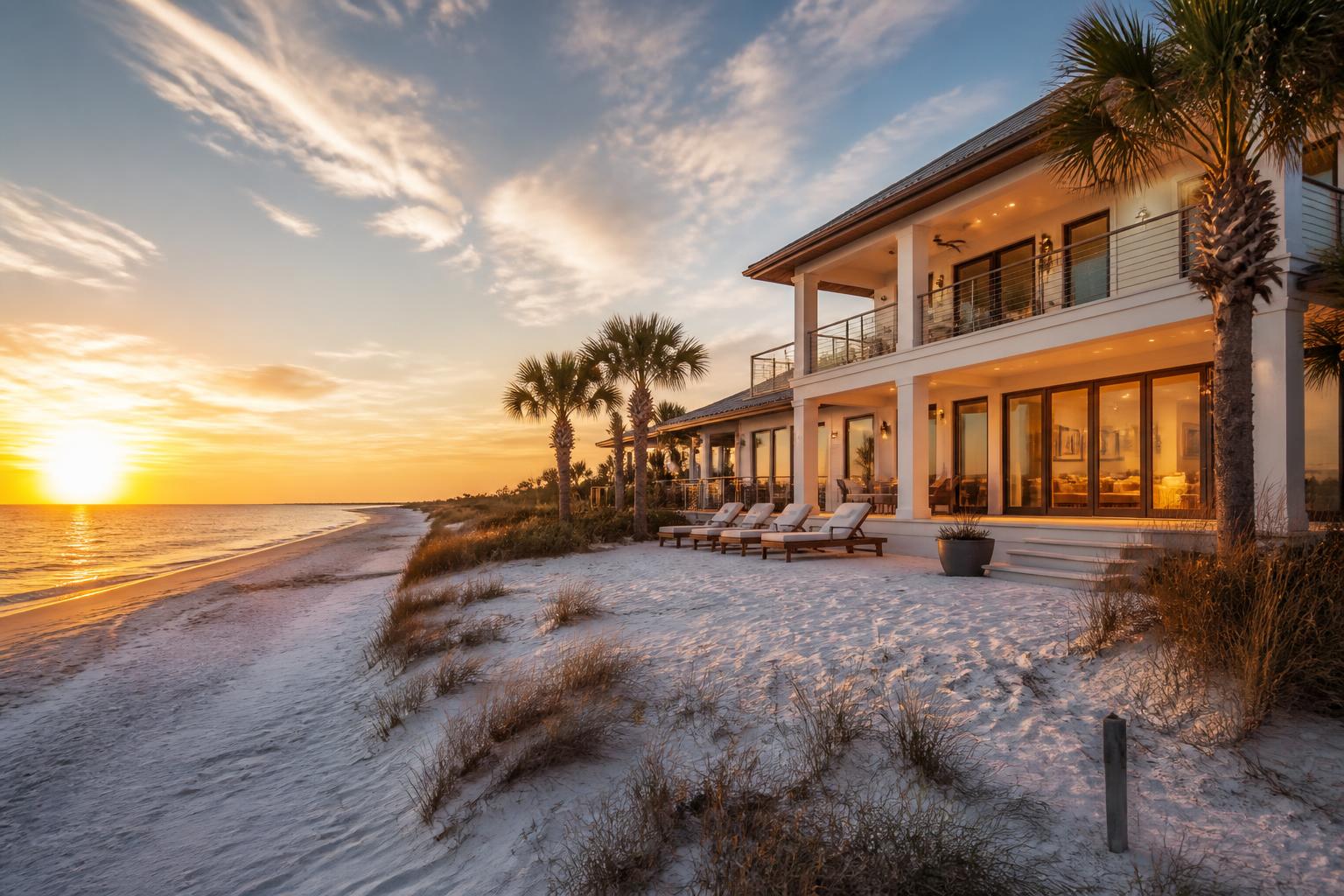 Luxury Gulf-front vacation home at sunset on Florida's Emerald Coast